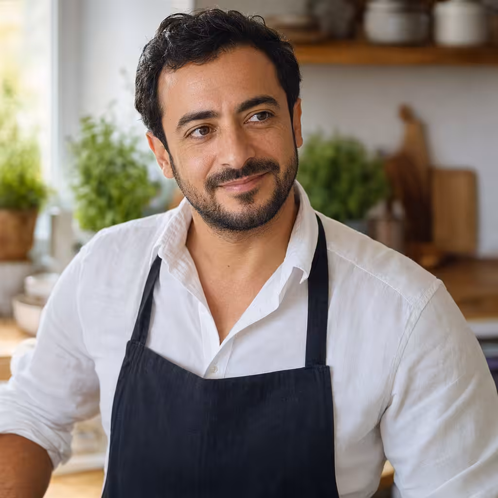 Homme souriant en tablier noir dans une cuisine.